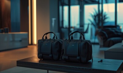 Black leather travel bags on table in modern hotel lobby. 