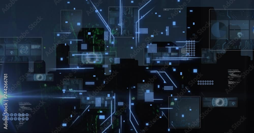 Poster animation of digital data processing and circuit board over computer servers