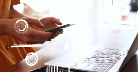 Animation of financial data processing over caucasian woman using smartphone - Powered by Adobe
