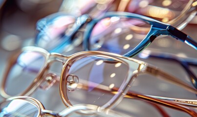 Closeup of eyeglasses in a shop window. Selective focus. - obrazy, fototapety, plakaty