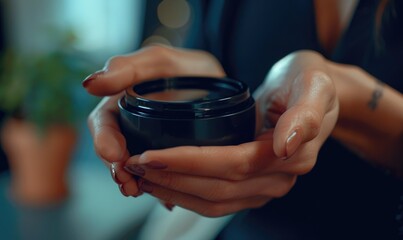 Fototapeta na wymiar Close up of female hands holding cosmetic jar with cream. Concept of skin care.