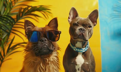Cute dogs with sunglasses on yellow background, closeup. Summer vacation