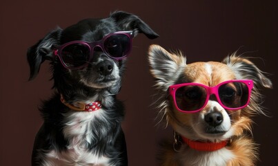 Two cute dogs wearing pink sunglasses on dark background, studio shot.