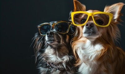 Two dogs in sunglasses on a black background. Close-up.