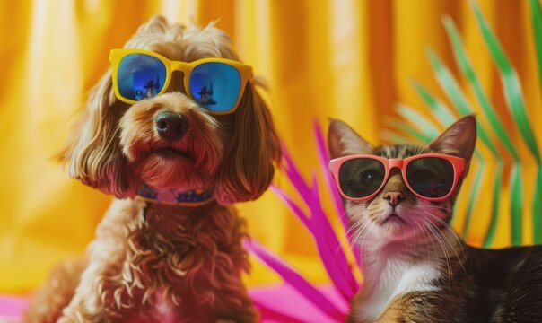 Cute dog and cat with sunglasses on colorful background. Selective focus.