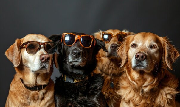Group of golden retriever dogs wearing sunglasses, studio shot on black background