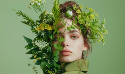 Fototapeta premium portrait of beautiful girl with floral wreath on head on green background