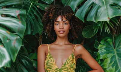 beautiful african american woman looking at camera while posing among tropical leaves