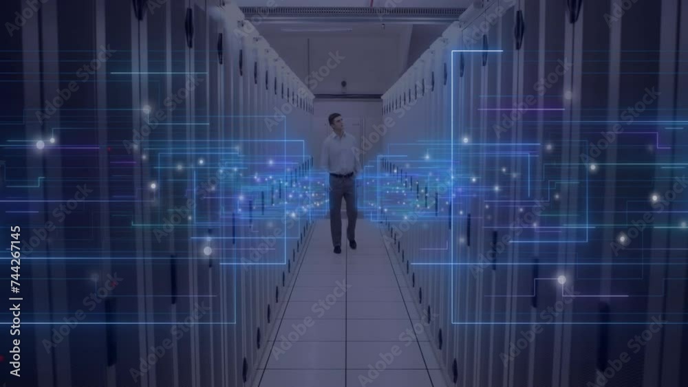 Wall mural Animation of business icons and digital data processing over male it technician by computer servers