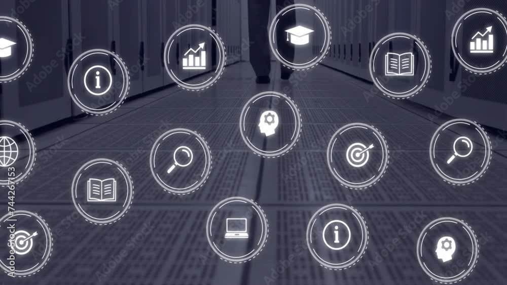 Poster animation of business icons and digital data processing over it technician by computer servers