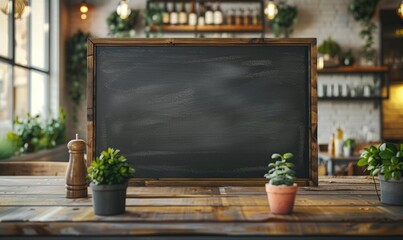 Empty wooden signboard on a wooden table in a cafe or restaurant