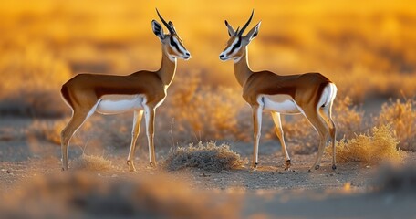 Springbok Antelopes in Their Natural Habitat Illuminated by the Soft Light of Sunset - obrazy, fototapety, plakaty