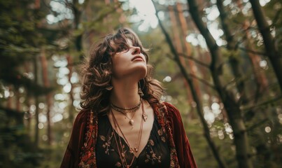 Portrait of a beautiful woman in a red cloak in the forest