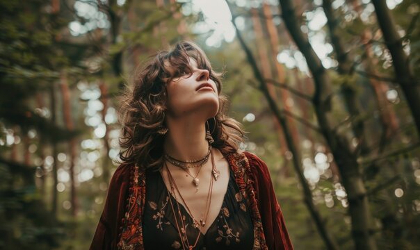 Portrait Of A Beautiful Woman In A Red Cloak In The Forest