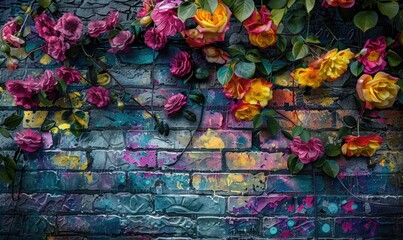 Beautiful pink and yellow flowers on the brick wall, vintage style
