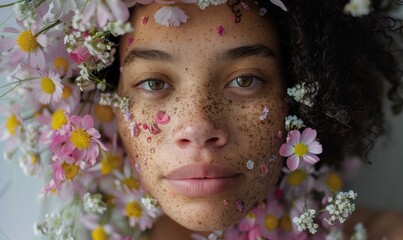 Obraz premium Close-up portrait of a beautiful young african american woman with wreath of flowers