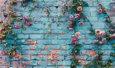 Colorful roses on blue brick wall, vintage color tone style.