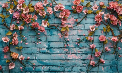 Colorful roses on blue brick wall, vintage color tone style. - obrazy, fototapety, plakaty