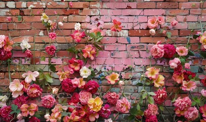 Red and pink roses on the old brick wall background with copy space