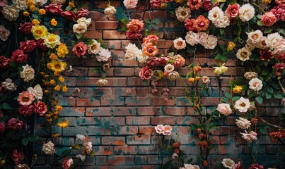 Brick wall with colorful graffiti and flowers. Grunge background