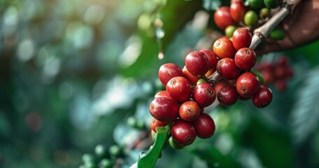 Ripening Arabica Coffee Berries Set Against the Silhouette of a Lush Forest