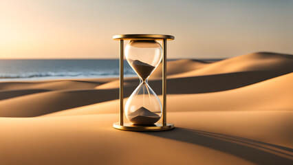 Isolated Desert Background. 3D Hourglass with Sand Countdown. Contemporary Illustration of Business Time Management and Scheduling