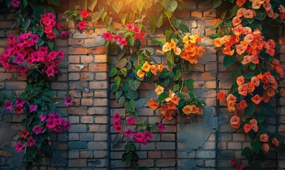 Bougainvillea flowers on brick wall background, Bougainvillea flowers - obrazy, fototapety, plakaty