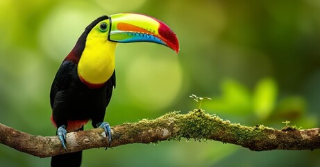Fototapeta premium The Keel-Billed Toucan or Ramphastos sulfuratus, Perched Amidst Lush Greenery in Boca Tapada