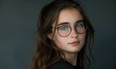 Portrait of a beautiful young woman with long hair and glasses.