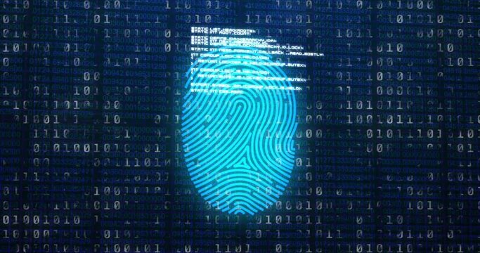 Animation of binary coding and data processing over biometric fingerprint