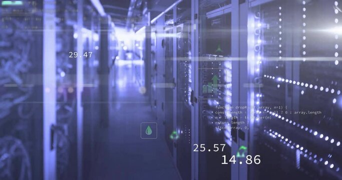 Animation of eco icons and digital data processing over computer servers