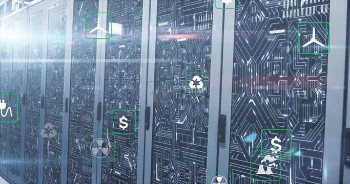 Animation of eco icons and digital data processing over computer servers