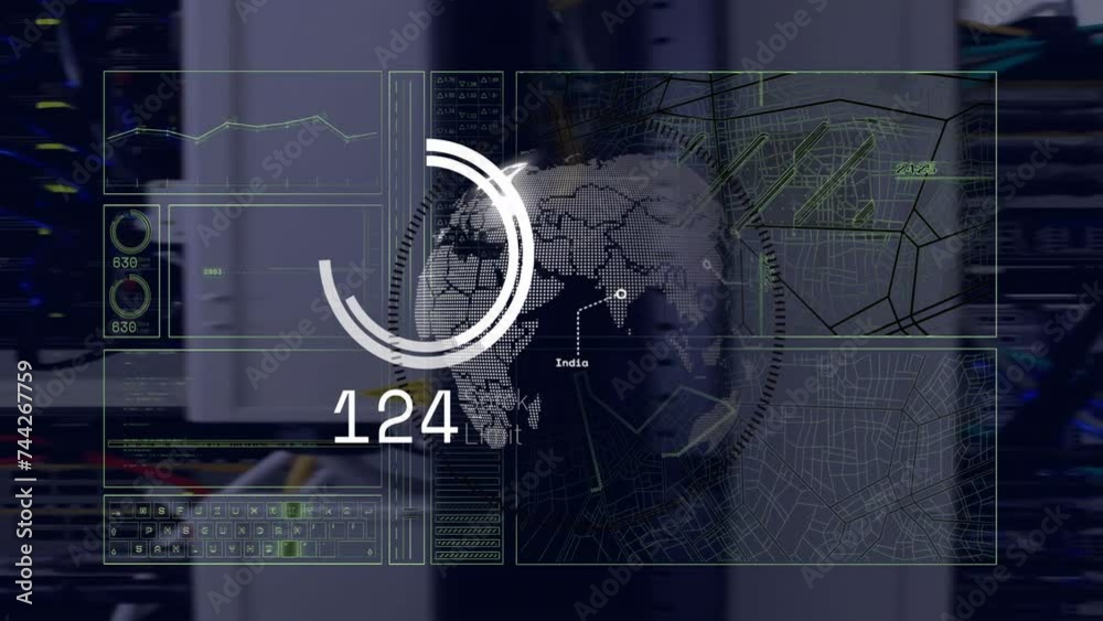 Poster animation of globe and digital data processing over computer servers