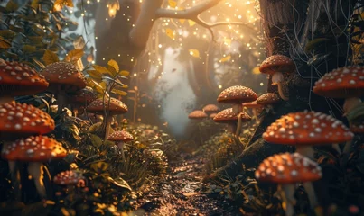 Fotobehang Red fly agaric mushrooms in autumn forest. Fantasy forest nature background © TheoTheWizard