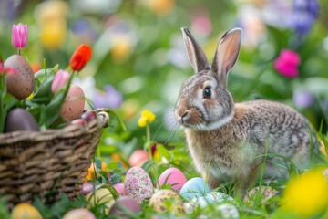 Rabbit and easter eggs in a vibrant spring scene Encapsulating the joy and color of the season