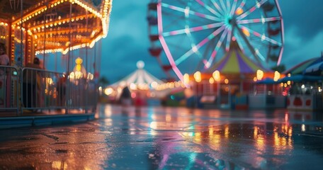 The Burst of Colors and Joy at a Summer Carnival as Dusk Settles In