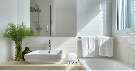 Fototapeta na wymiar The Harmonious Interior of a Bathroom Featuring a Sink with Mirror Beside a Pristine Bathtub