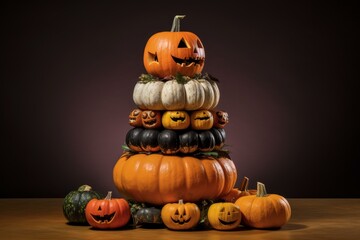 Pumpkin halloween stack. Autumn farm. Generate Ai