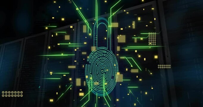 Animation of biometric padlock, circuit board and digital data processing over computer servers