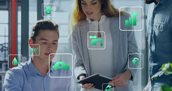 Animation of eco icons and data processing over diverse business people in office