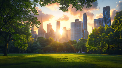 A cityscape with towering buildings in the background and a lush green park in the foreground - obrazy, fototapety, plakaty