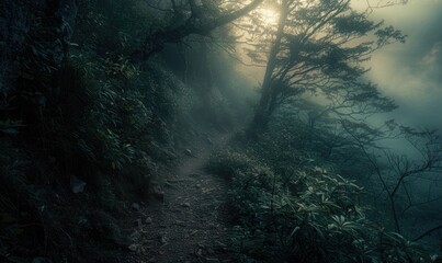 Mysterious dark forest with mossy trees and fog in the background