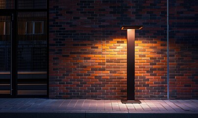 Street light in front of a brick wall. Lantern on a brick wall in the park at night.