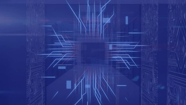 Animation of circuit board and data processing over computer servers