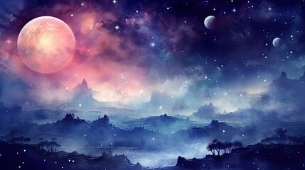 Fototapeta na wymiar Alien Planets and Galaxy, Moonlit Night Landscape. Science Fiction Background Wallpaper