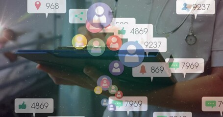 Animation of social media icons with numbers over caucasian female doctor - Powered by Adobe