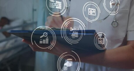 Animation of business icons over caucasian female doctor taking notes - Powered by Adobe