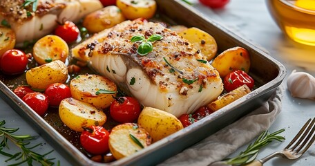 Baked Cod Fish Melding with Potatoes and Cherry Tomatoes on a Polished Marble Setting