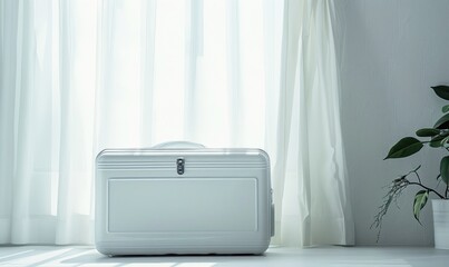 White suitcase in the room. Travel concept.