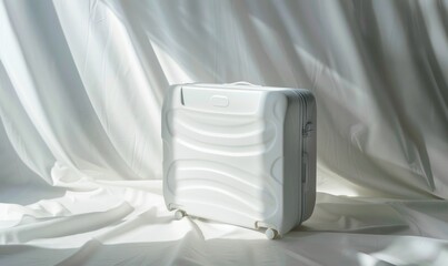 White suitcase on white fabric background with copy space. Travel concept.